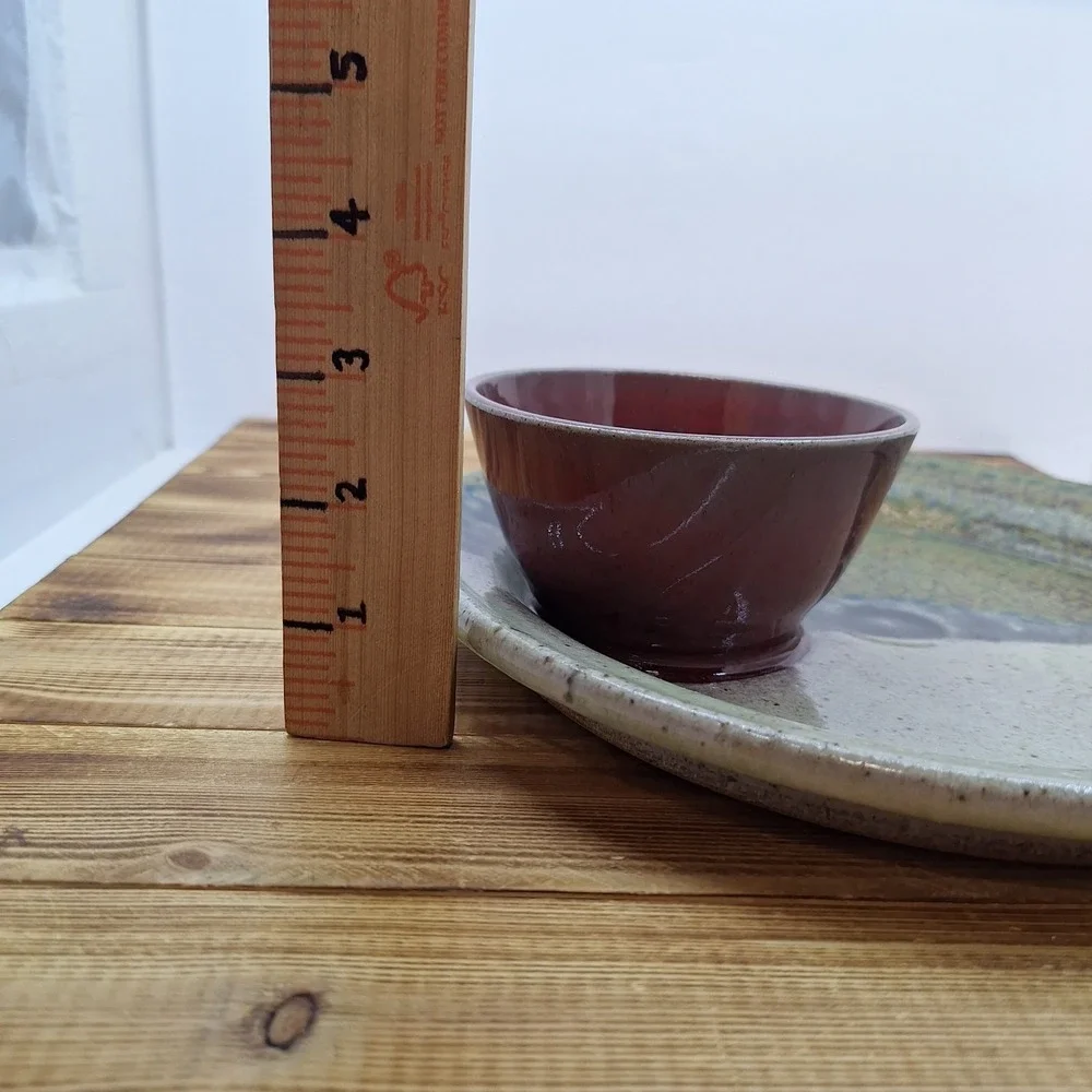 Handmade Pottery Chip & Dip‎ Snack Plate with Attached Dipping Bowl 10.5